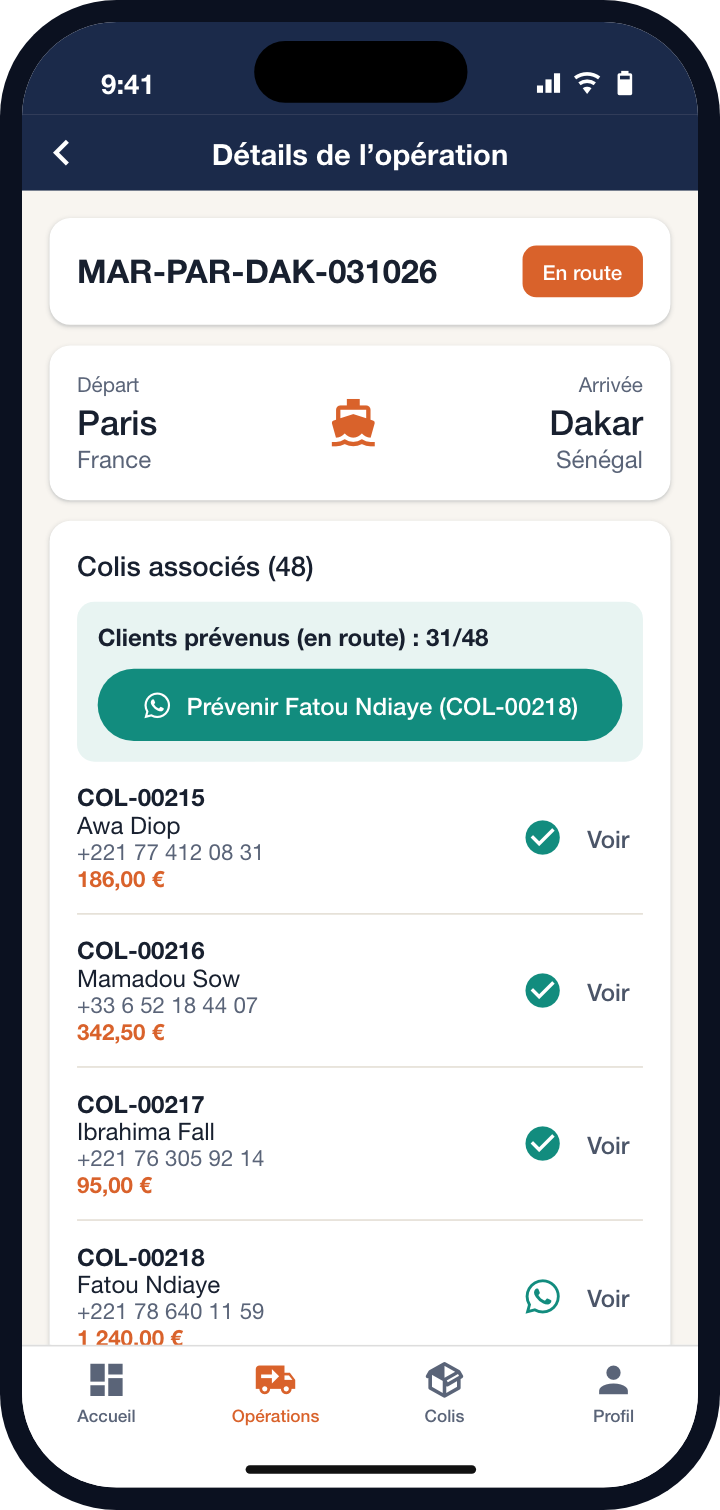 Opération Paris vers Dakar : 31 clients prévenus sur 48, et un bouton vert pour prévenir le client suivant sur WhatsApp.