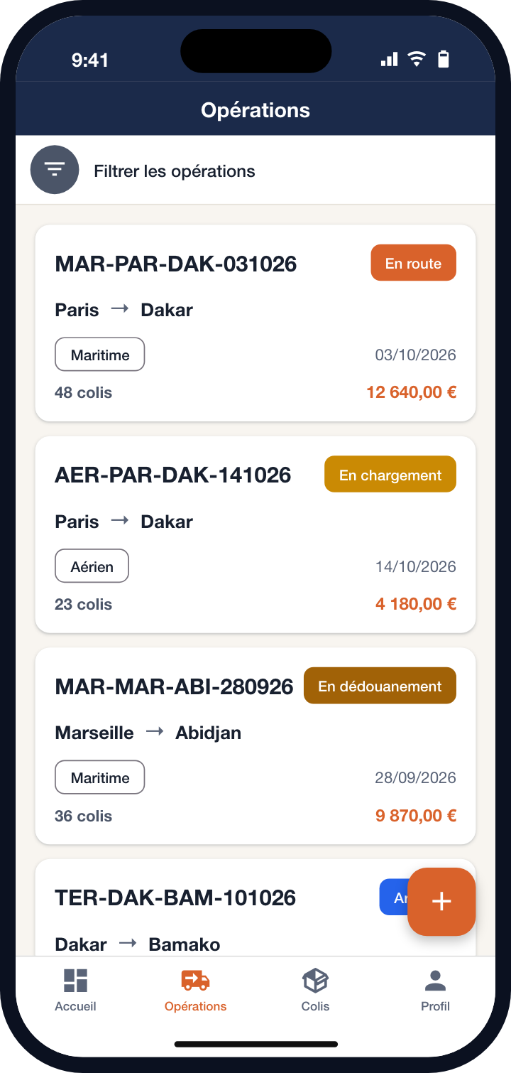 Liste des opérations : Paris vers Dakar en route, Paris vers Dakar en chargement, Marseille vers Abidjan en dédouanement, avec le nombre de colis et le montant de chacune.