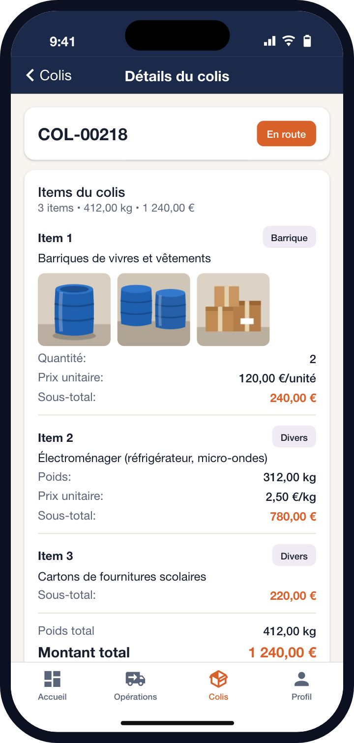 Détail du colis COL-00218 : deux barriques avec photos, de l'électroménager au kilo et des cartons, pour un total de 412 kg et 1 240 €.